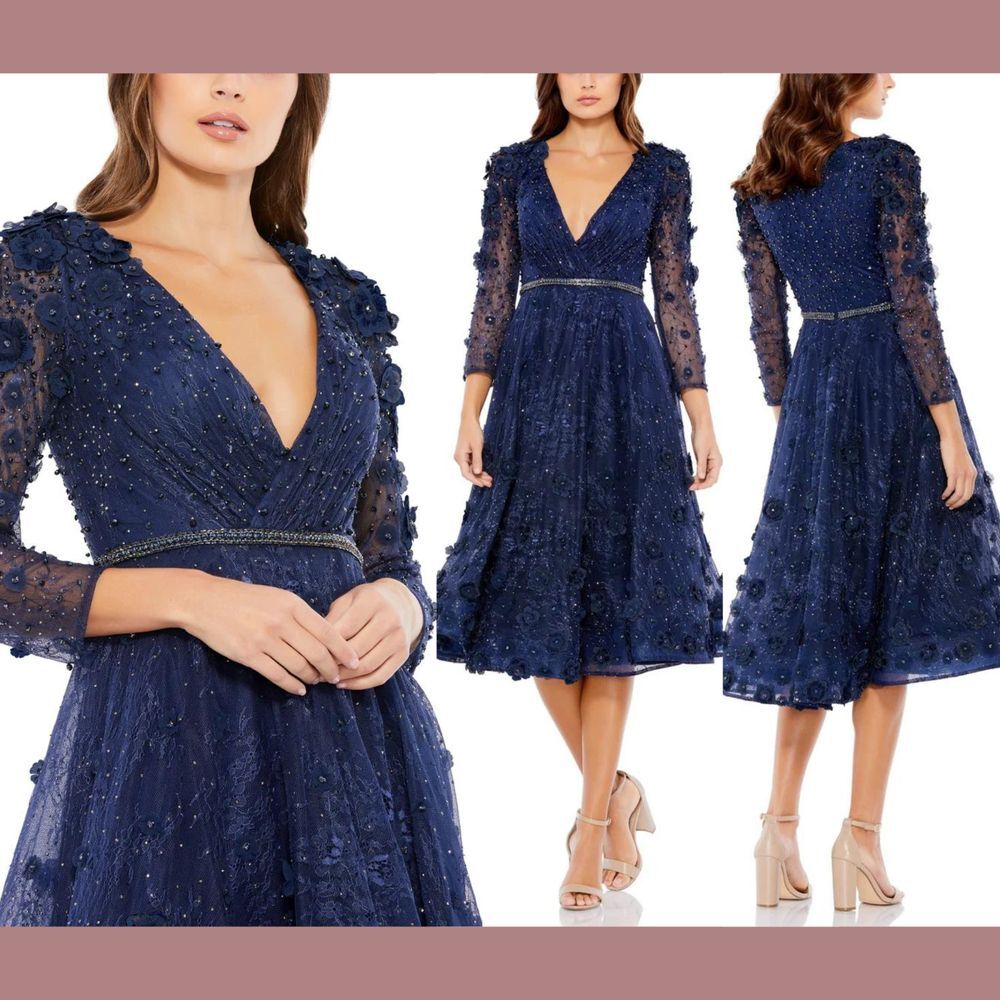NWT $538 Mac Duggal [ 12 ] Floral Embellished Lace A-Line Midi Dress Blue #G1973